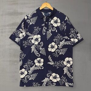 Polo Ralph Lauren Polo Shirt Navy Blue Floral Hibiscus Print Size Large